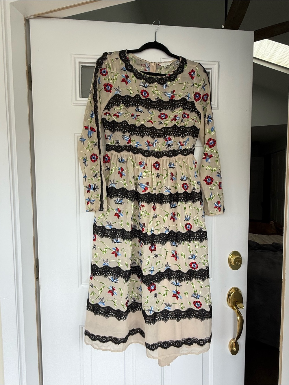 Beige Floral Embroidered Midi Dress with Black Lace Trim